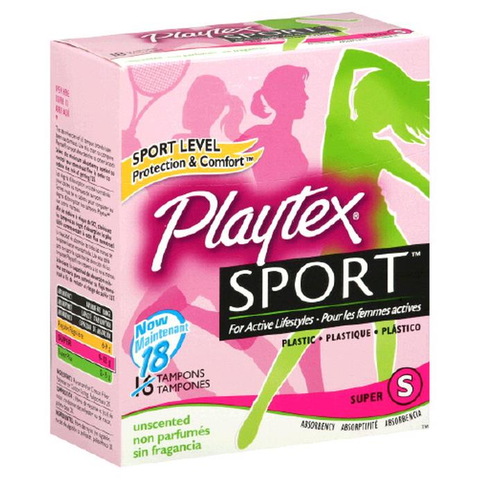 Playtex Sport Tampons 18ct Super Unscented Unique Contour Applicator, Condoms and Feminine Hygiene