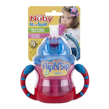 Nuby Two-Handle No-Spill Flip N' Sip Straw Cup, 8 Ounce, Red with Blue